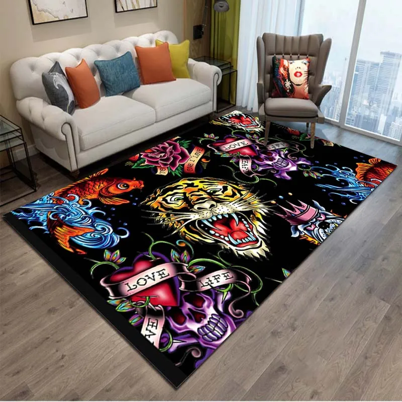

15 Size Ed-hardy Tattoo Tiger Skull Carpet for Living Room Home Decor Large Area Rug Bedroom Floor Rug Non-slip Washable Mat