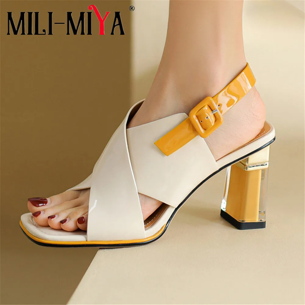 MILI-MIYA Fashion Mixed Color Women Patent Leather Sandals Crystal Thick Heels Buckle Strap Square Toe Casual Summer Shoes
MILI-MIYA Fashion Mixed Color Women Patent Leather Sandals Crystal Thick Heels Buckle Strap Square Toe Casual Summer Shoes