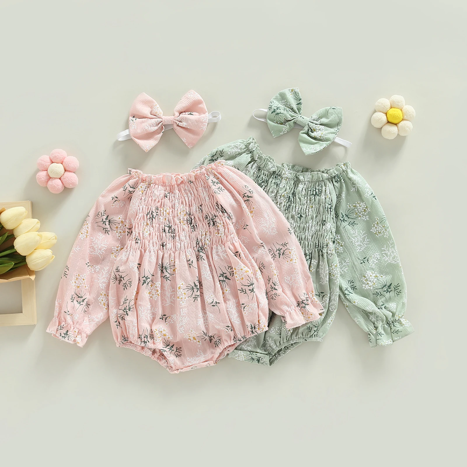 

SUNSIOM Newborn Baby Girls Clothes Romper Set Long Sleeve Off-shoulder Pleated Flower Print Romper with Hairband 2pcs