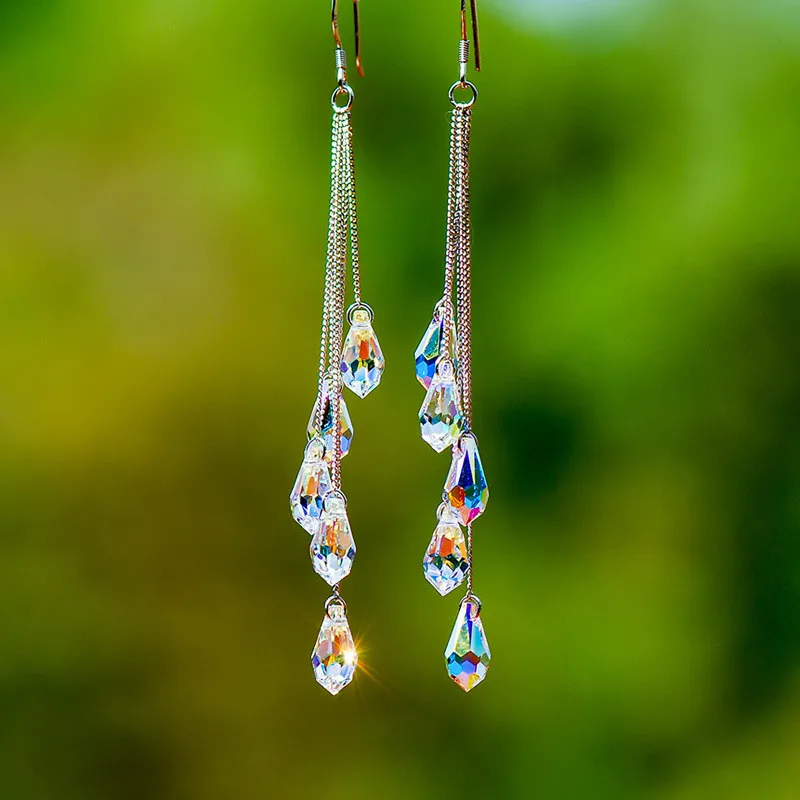 2023 New Sparkling Colored Transparent Crystal Water Drop Long Tassel Drop Earrings for Women Fashion Zircon Jewelry Gifts 
2023 New Sparkling Colored Transparent Crystal Water Drop Long Tassel Drop Earrings for Women Fashion Zircon Jewelry Gifts