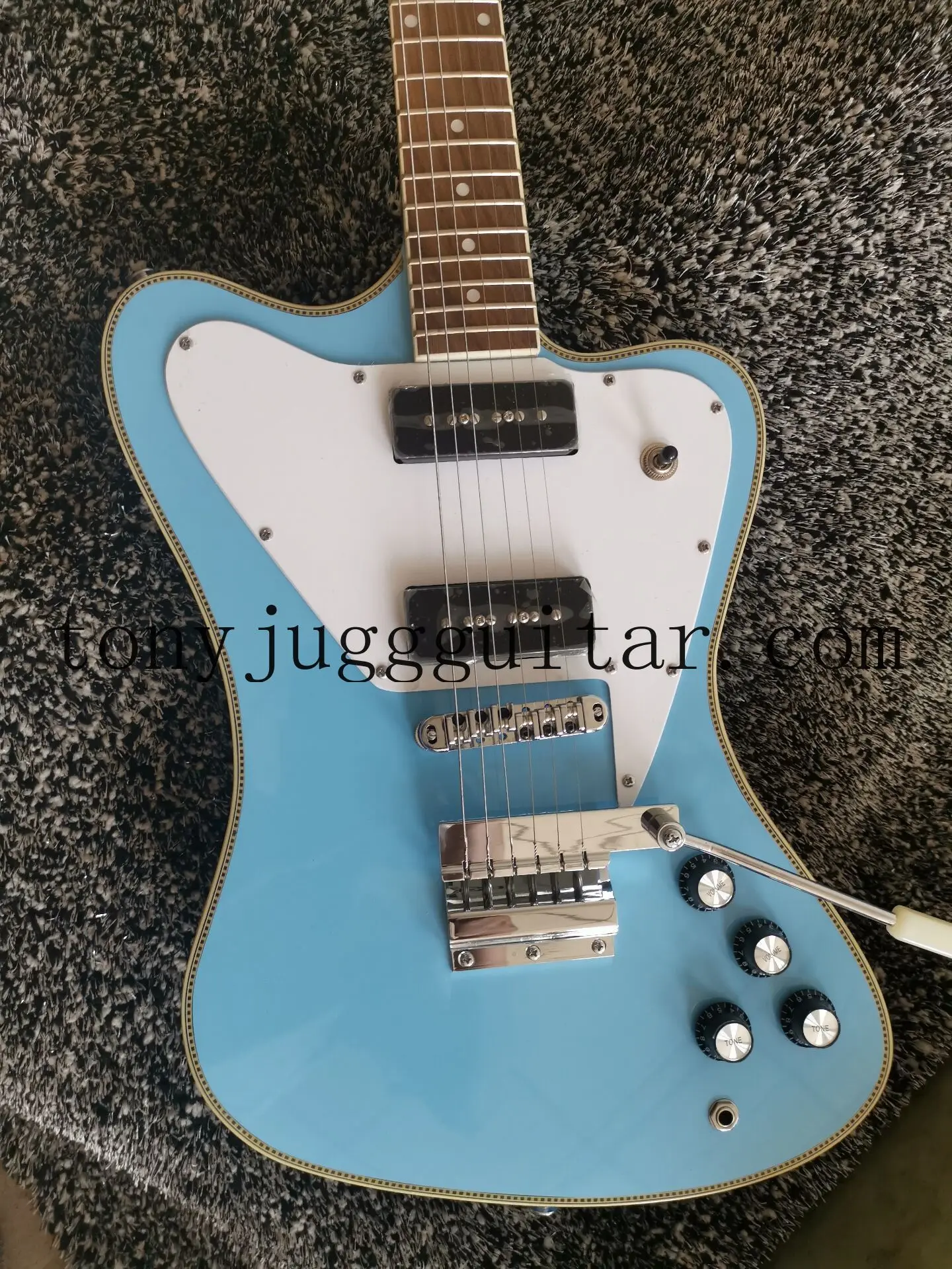 

Rare Non Reverse Fire Thunderbird Light Blue Electric Guitar Long Version Maestro Vibrola Tremolo Bridge, Checkerboard Binding,