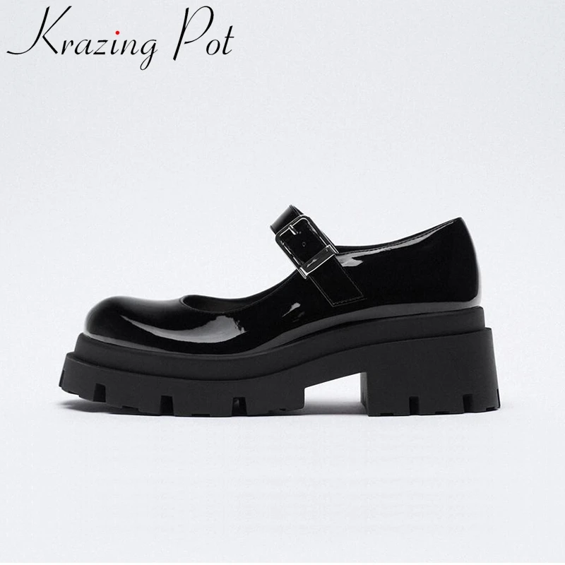 

Krazing Pot Lolita ins patent leather round toe high heels spring shoes platform Mary Janes shallow fashion concise women pumps