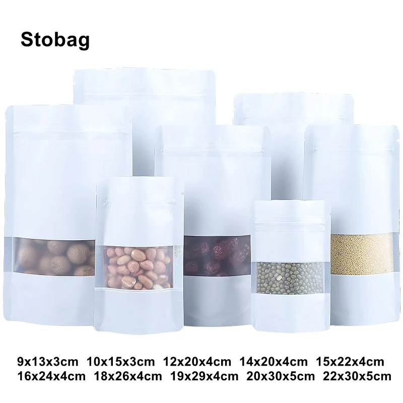

StoBag 100pcs Food Packaging Ziplock Bag Stand Up Frosted Self Sealing Window for Snack Nuts Grains Storage Reusable Pouches