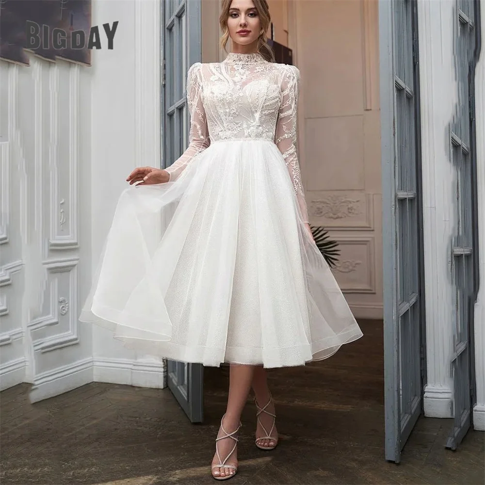 Elegant A-Line Wedding Dress Women Lace High Collar Illlusion Back Long Sleeve Applique Bridal Gown Tea-Length Vestidos De Noiva
Elegant A-Line Wedding Dress Women Lace High Collar Illlusion Back Long Sleeve Applique Bridal Gown Tea-Length Vestidos De Noiva