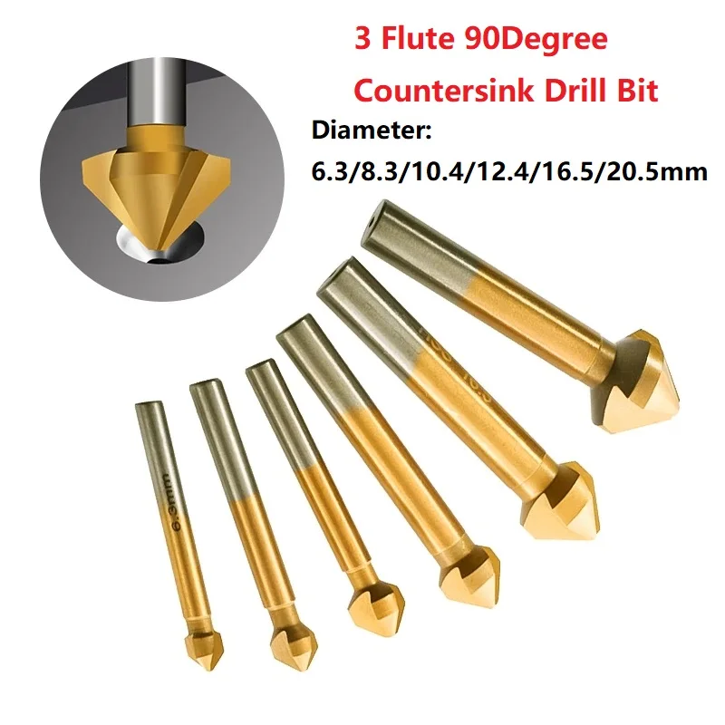 

6.3-20.5MM Titanium Round Shank 3 Flute 90 Degree HSS Chamfer Chamfering Cutter End Mill Tool Countersink Drill Bits 1PC