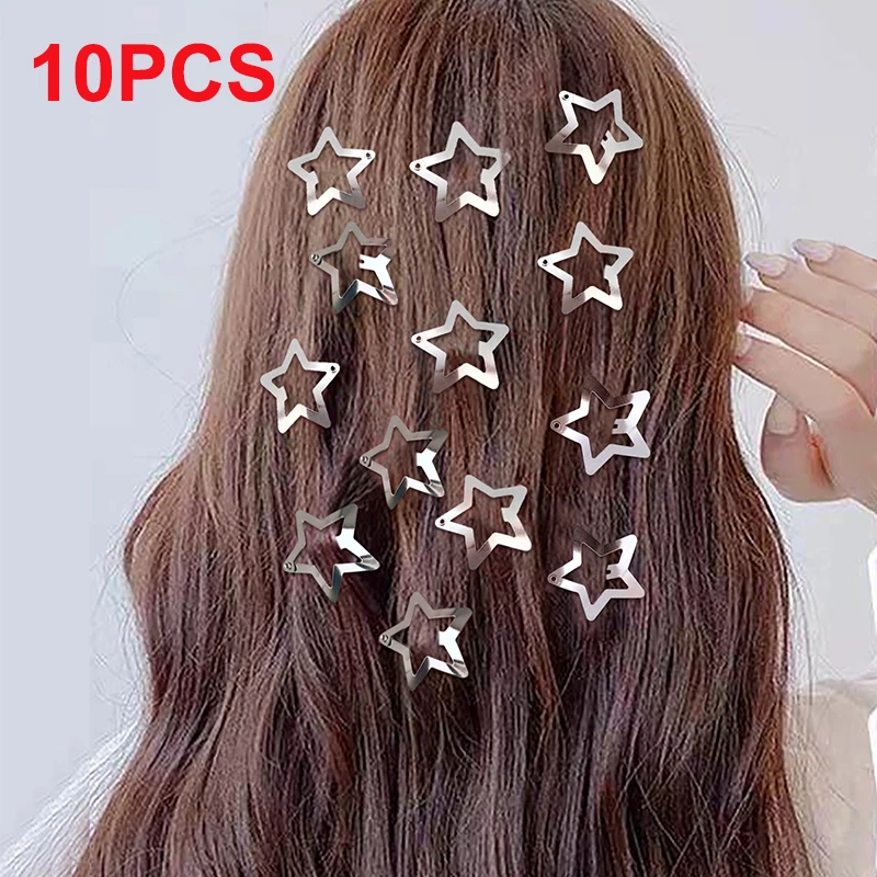 

10pcs Silver Star Hair Clip Metal Snap Clip Barrettes Star BB Hairpins Pentagram Star Bobby Pin Side Clip DIY Hair Accessories