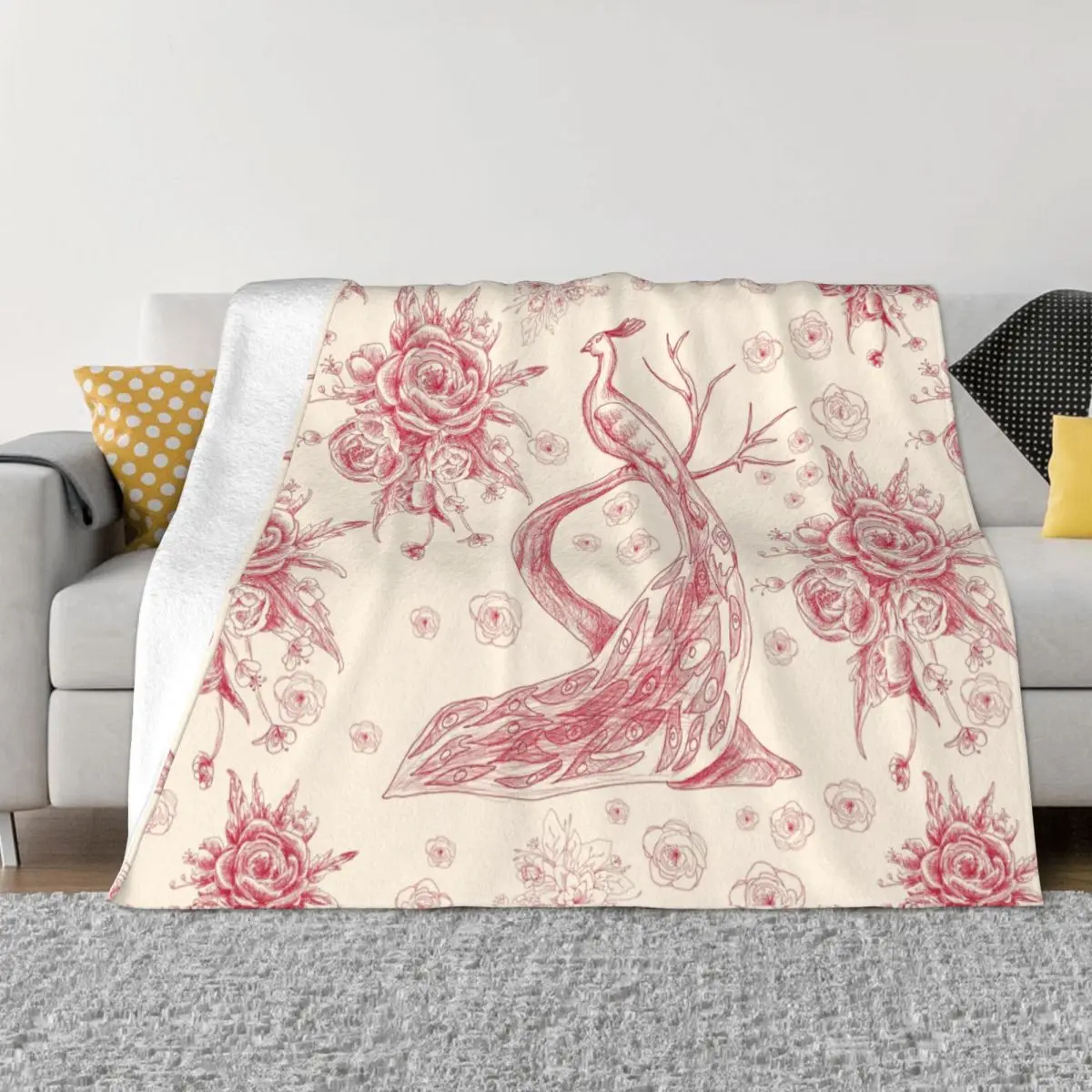 

Toile De Jouy Rose Blanket 3D Printed Soft Flannel Fleece Warm French Motif Flora Throw Blankets for Office Bed Couch Quilt