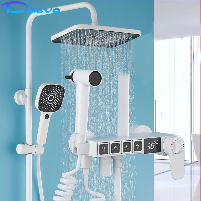 

White Bathtub Thermostatic Shower Set Digital Display Bathroom Rainfall Hot Cold Shower System Bidet Faucet Bath Mixer Crane