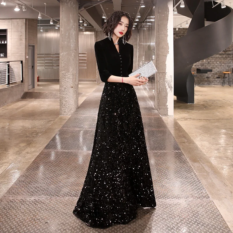 Black Cocktail Party Dresses Long 2022 Elegant V-Neck Velvet Sparkly Sequin Women Prom Dresses With 3/4 Sleeves
Black Cocktail Party Dresses Long 2022 Elegant V-Neck Velvet Sparkly Sequin Women Prom Dresses With 3/4 Sleeves