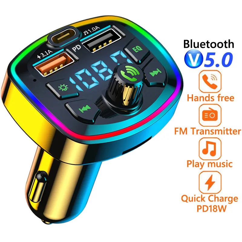 

TTFTFP FM Transmitter TF Card U Disk Playback Type C PD 18W 3.1A USB Fast Charging Handsfree Bluetooth 5.0 Car Kit FM Modulator