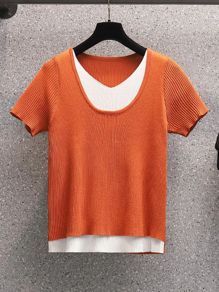 Oversize L-4XL Fake Two Pieces T-shirt Women Summer V-neck Patchwork Short Sleeve Tshirt Knitted Tops Female Clothing
Oversize L-4XL Fake Two Pieces T-shirt Women Summer V-neck Patchwork Short Sleeve Tshirt Knitted Tops Female Clothing