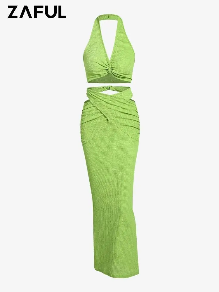 

ZAFUL Long Maxi Skirt Set For Women Solid Sexy Bodycon Sets Halter Plunging Neck Backless Crop Tank Top Party Two Piece Dress