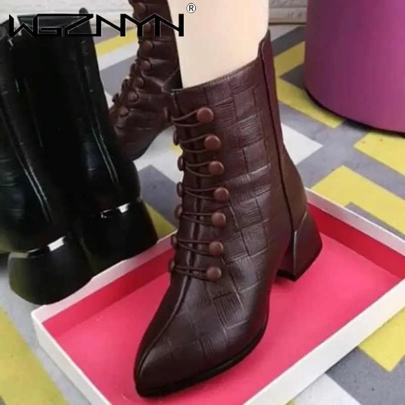 

Женские короткие ботинки, осень/зима 2023, обувь на низком квадратном каблуке, с острым носком, на пуговицах, женская обувь, черные, коричневые ботильоны на высоком каблуке