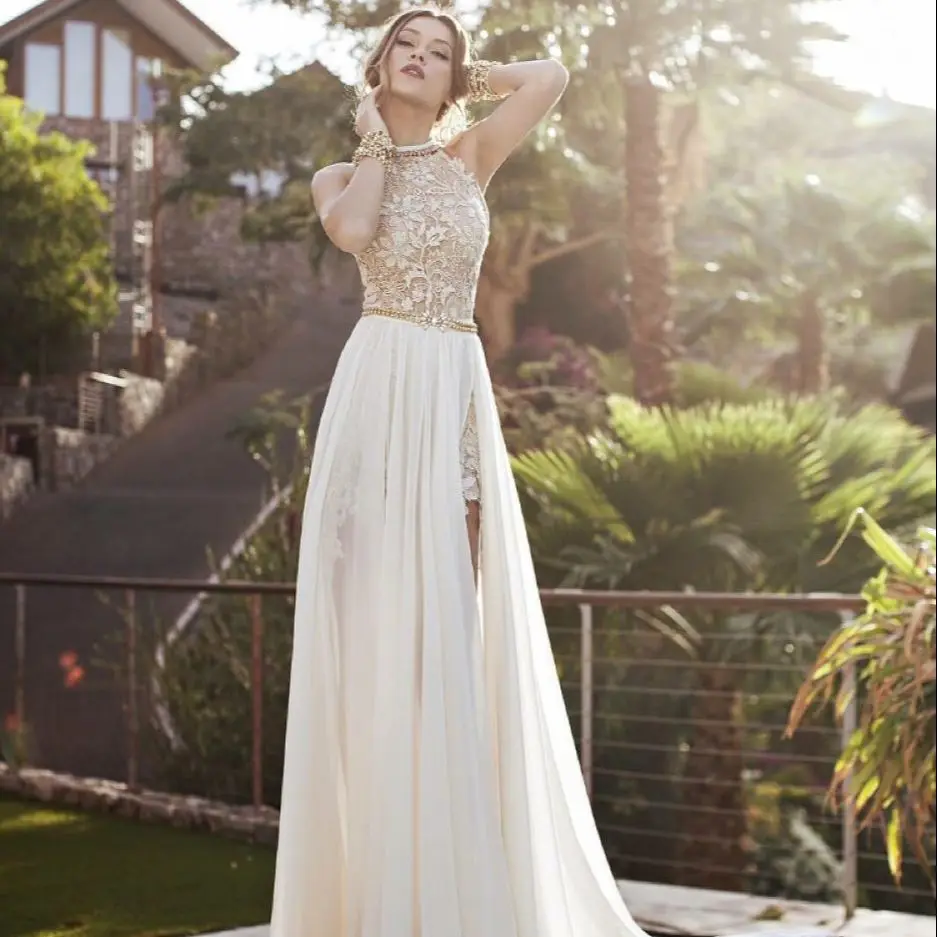 FATAPAESE Light Boho Wedding Dress Sexy Halter Ceckline Gown Lace Floral Embroidered with Crystal Belt High Slit Chiffon Skirt
FATAPAESE Light Boho Wedding Dress Sexy Halter Ceckline Gown Lace Floral Embroidered with Crystal Belt High Slit Chiffon Skirt