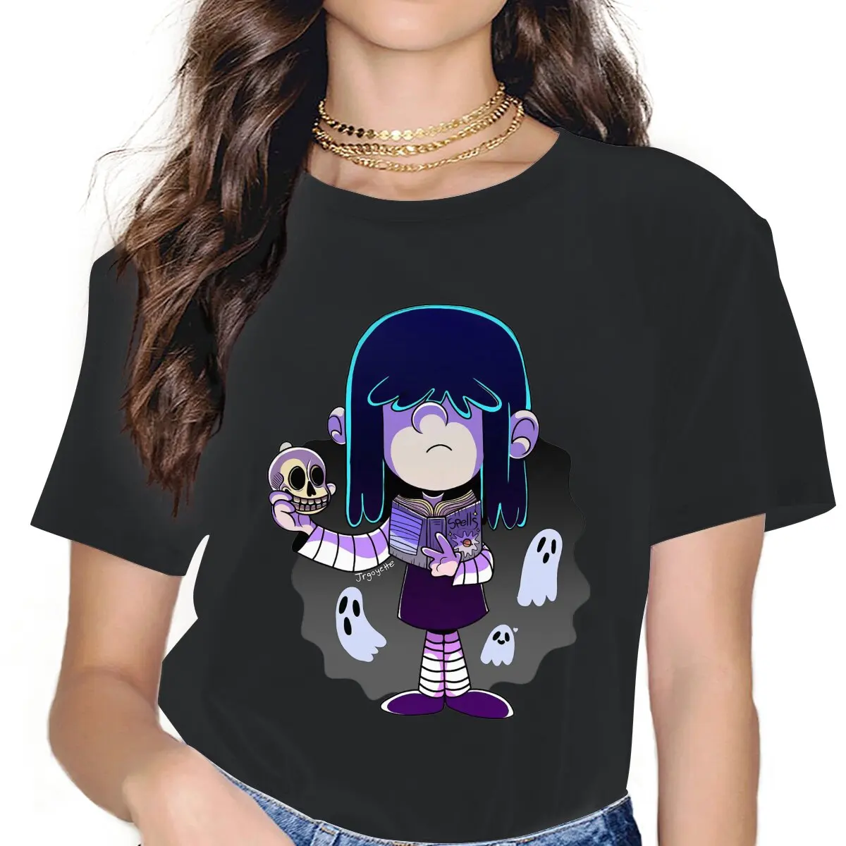

Lucy Loud with Spell book and Skull Women Tshirts The Loud Houses Aesthetic Vintage Female Clothing Loose Cotton Graphic
