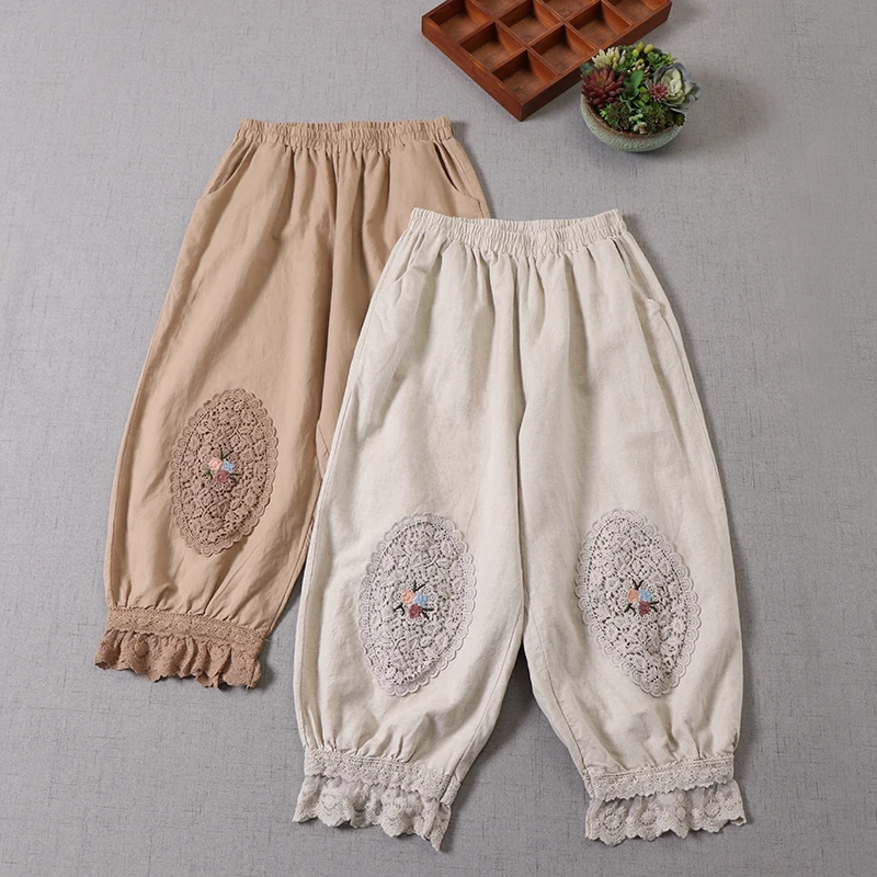 

Japanese Mori Women's Trouser Legs with Embroidery and Lace Loose Cotton and Linen Elastic Waist Harem Cropped Trousers