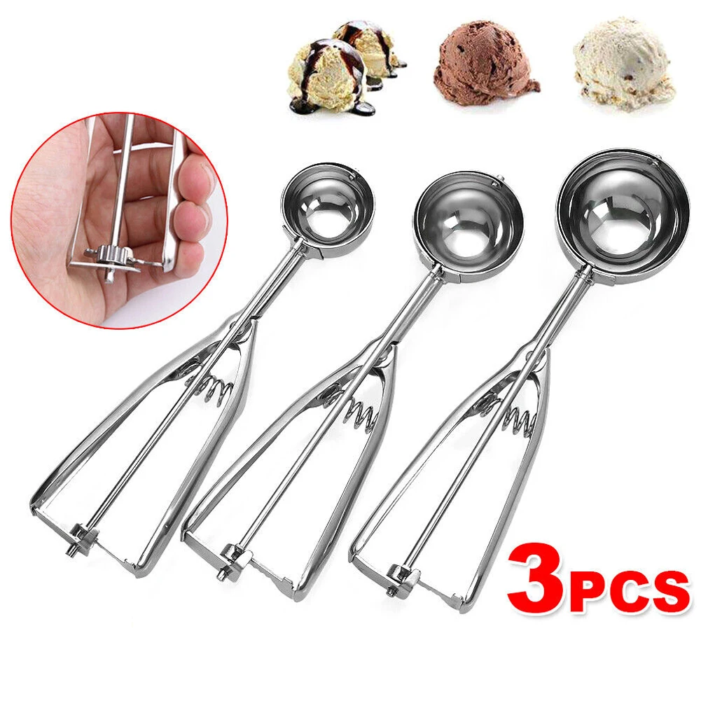 

3pcs Stainless Steel Ice Cream Digger Scoop Cookie Spoon Ice Ball Digger Non-Stick Potato Watermelon Ice Cream Digger Scoop Tool