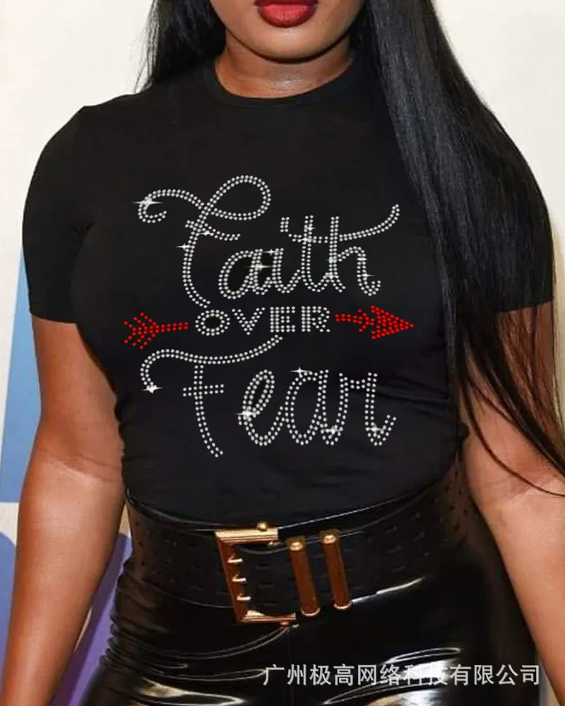 Rhinestone Letter Pattern Casual T-shirt Women Spring Summer Short Sleeve O Neck Top Tee Fashion
Rhinestone Letter Pattern Casual T-shirt Women Spring Summer Short Sleeve O Neck Top Tee Fashion