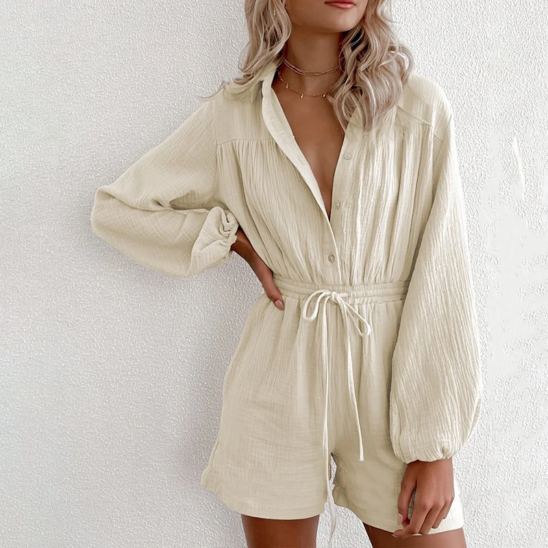 Women's Sexy Playsuits Long-Sleeved Summer Drawstring Pockets Waisted Single-Breasted Cardigan New Fashion Female Loose Jumpsuit
Women's Sexy Playsuits Long-Sleeved Summer Drawstring Pockets Waisted Single-Breasted Cardigan New Fashion Female Loose Jumpsuit