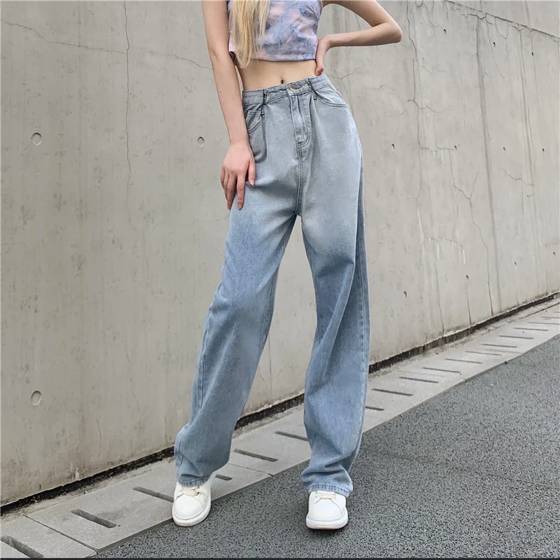 

Женские летние повседневные свободные джинсовые брюки, модель 2021 года, прямые широкие джинсы с низкой талией для мам, объемные синие джинсы с градиентом, женская одежда