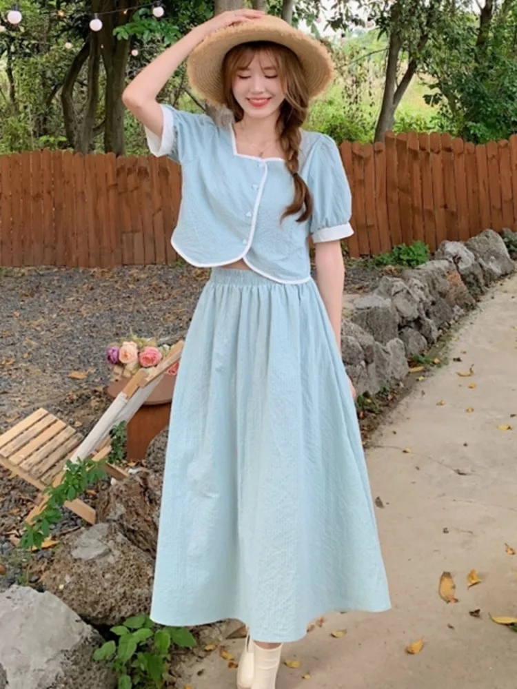 French Vintage 2 Piece Set Women Shirt Blouse Crop Top + Long Skirts Sets Summer Korean Fashion Elegant Plaid Two Piece Suits
French Vintage 2 Piece Set Women Shirt Blouse Crop Top + Long Skirts Sets Summer Korean Fashion Elegant Plaid Two Piece Suits