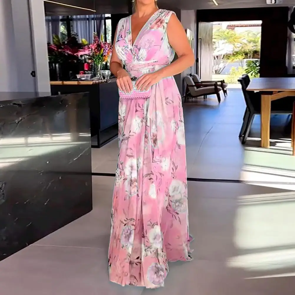 Женское платье с глубоким V-образным вырезом, облегающее летнее платье без рукавов, V-образный вырез на спине, свободное платье макси с цветочным принтом, плиссированное женское платье 
Женское платье с глубоким V-образным вырезом, облегающее летнее платье без рукавов, V-образный вырез на спине, свободное платье макси с цветочным принтом, плиссированное женское платье