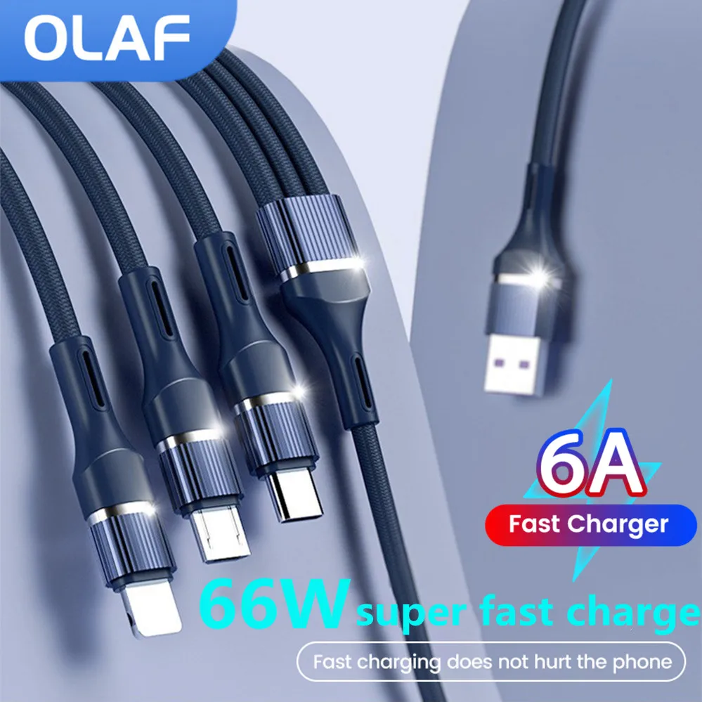 

OLAF 66 Вт 3 в 1 USB-кабель для быстрой зарядки для iPhone 14 pro 6A USB C зарядное устройство Micro Type C зарядный шнур для Xiaomi Huawei Samsung