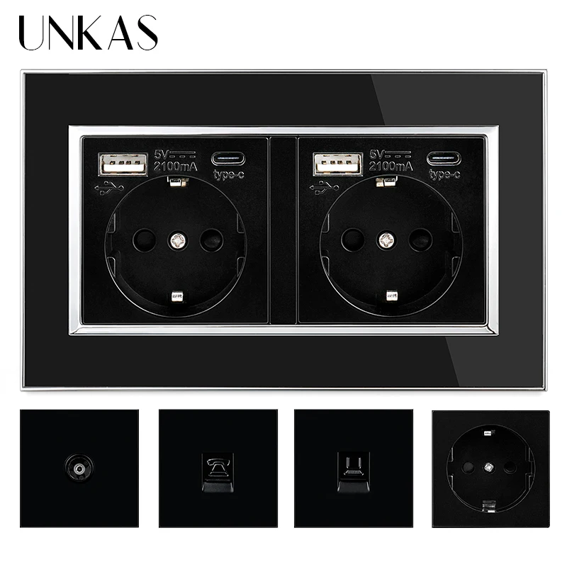 UNKAS Black EU Socket Type C USB Port + TV RJ11 Telephone RJ45 Internet Computer Jack 146mm*86mm Acrylic Panel Outlet
UNKAS Black EU Socket Type C USB Port + TV RJ11 Telephone RJ45 Internet Computer Jack 146mm*86mm Acrylic Panel Outlet