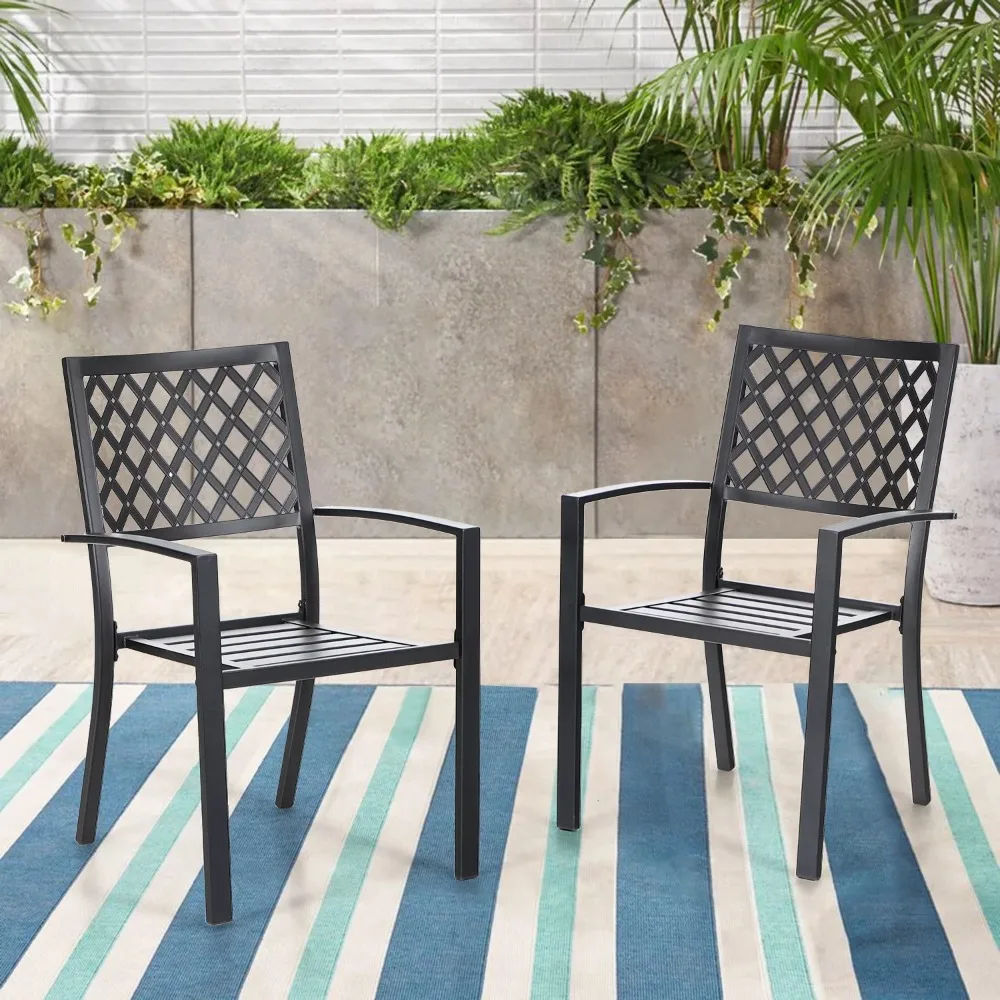 

Набор из 2 уличных обеденных стульев для внутреннего дворика, современные металлические кресла, вместительность сидений 300 фунтов, легко перемещается и укладывается, черный цвет