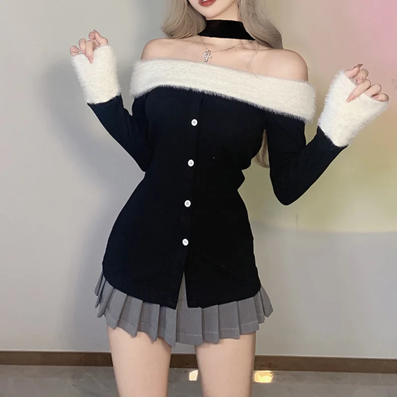 Autumn Flat collar Split Bottoming Shirt Off Shoulder Top Women's Plush splicing Style Slim Long-sleeved Buckle Harajuku Crop To
Autumn Flat collar Split Bottoming Shirt Off Shoulder Top Women's Plush splicing Style Slim Long-sleeved Buckle Harajuku Crop To