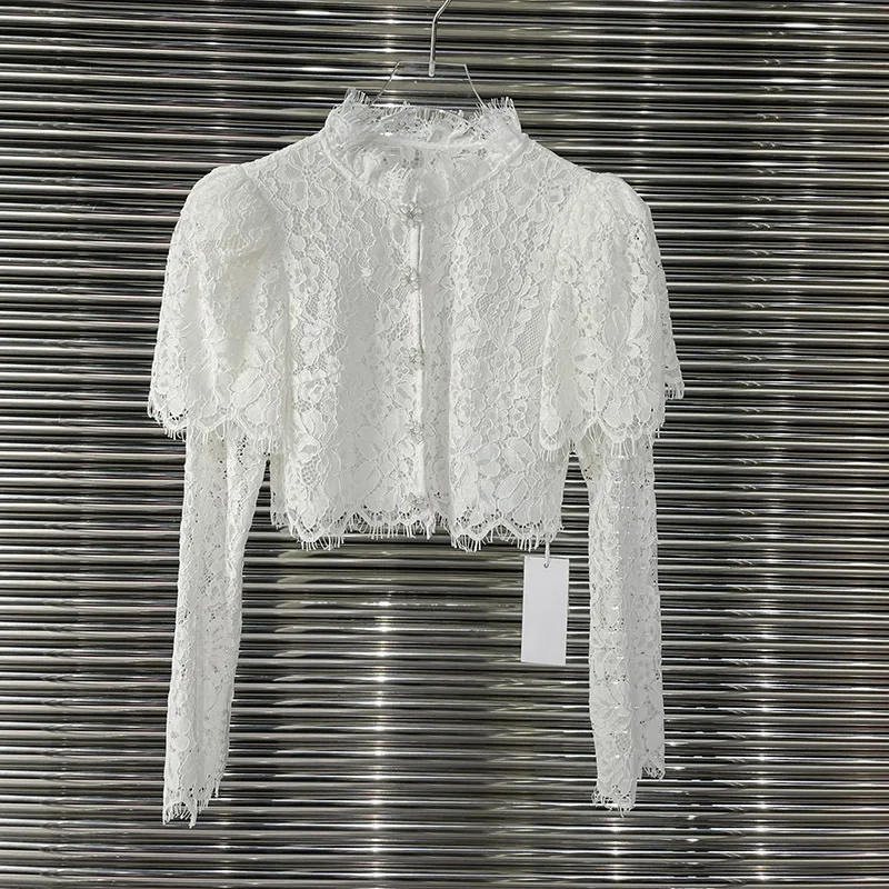 Elegant Fashion Blouses For Women Petal Sleeve Stand Collar Lace Hollow Out Button Shirts Vintage Palace Style Long Sleeve Tops 
Elegant Fashion Blouses For Women Petal Sleeve Stand Collar Lace Hollow Out Button Shirts Vintage Palace Style Long Sleeve Tops