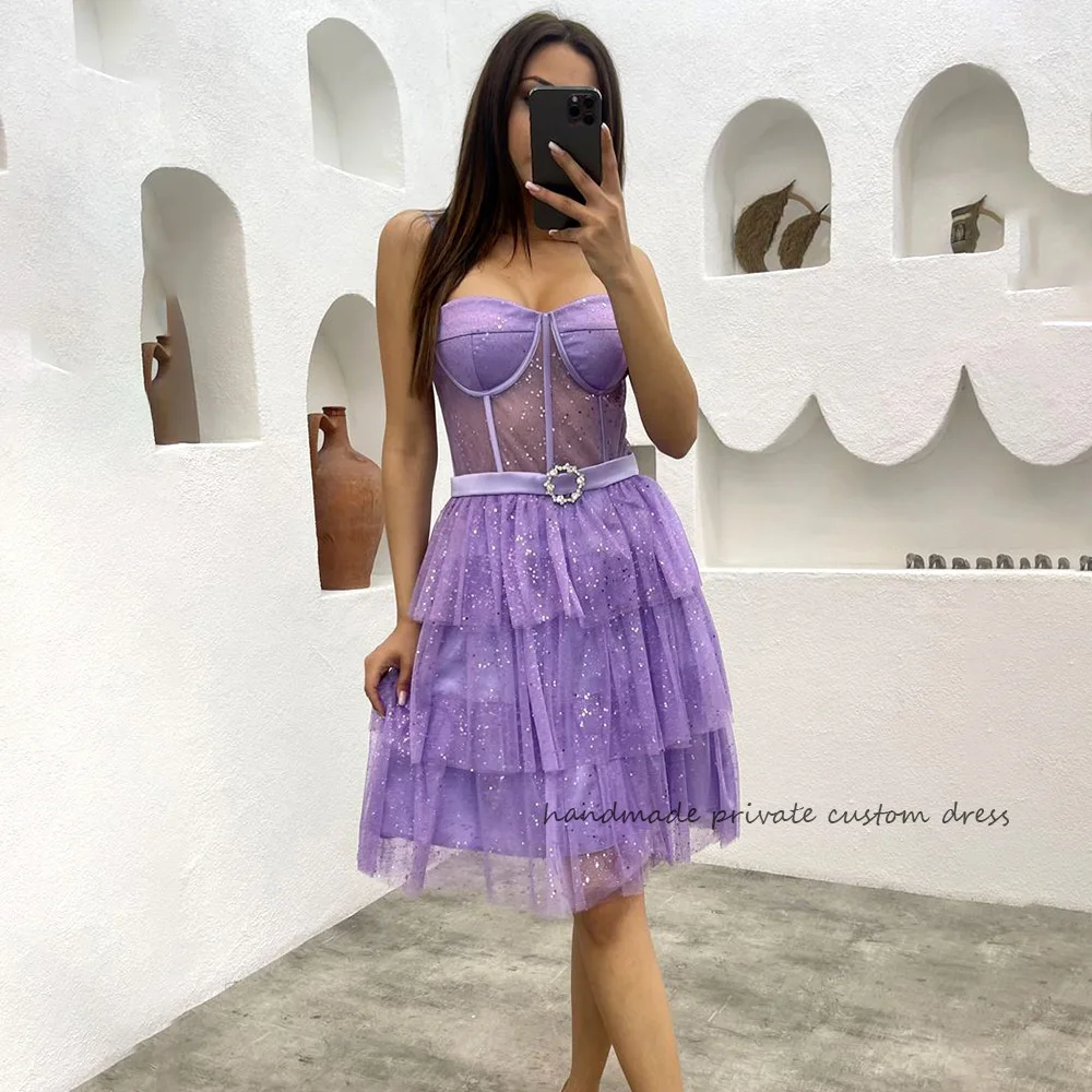 

Glitter Lavender Mini Prom Party Dresses Illusion Corset Sweetheart Cocktail Event Dress Sexy Short Evening Prom Gowns