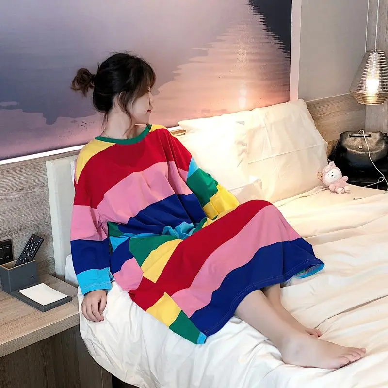 Colorful Striped Women Nightgown Loose Sleepwear Woman Long Sleeves Nightwear Autumn Night Dress New in One Piece Home Pajamas
Colorful Striped Women Nightgown Loose Sleepwear Woman Long Sleeves Nightwear Autumn Night Dress New in One Piece Home Pajamas