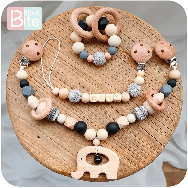 

Bite Bites 1set Baby Wooden Teether Pacifier Clip Chain Beech Rodent Ring Baby Nursing Rattle Food Grade Perle Silicone Bead Toy