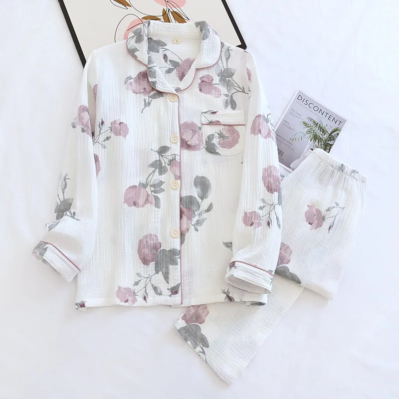 Comfortable Crepe Pajamas Women Long-sleeve Trousers Casual Cardigan Two Piece Set Home Service Ladies Cotton Sleepwear Suit
Comfortable Crepe Pajamas Women Long-sleeve Trousers Casual Cardigan Two Piece Set Home Service Ladies Cotton Sleepwear Suit