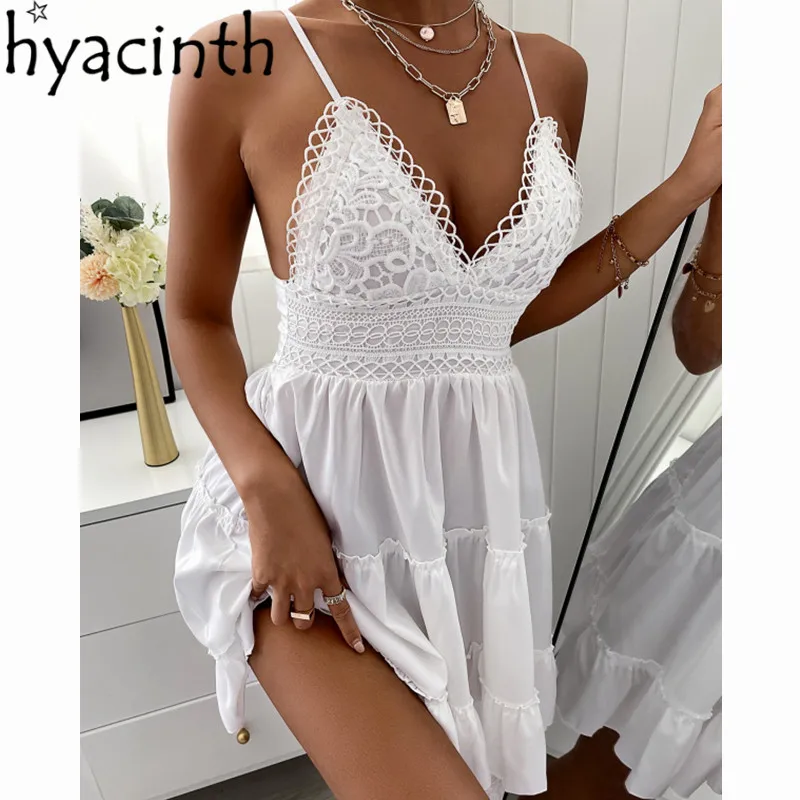

2022 Women Summer Dress Solid Color Crochet Spaghetti Strap V-Neck Backless Tied Braces Short Dress for Girls White
