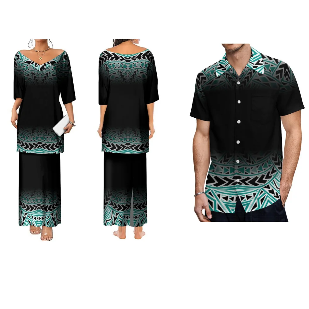 

2023 Summer Polynesian Tribal Ethnic Style Printed High Quality Short Sleeved Dress Double Slit Temperament Puletasi Dress