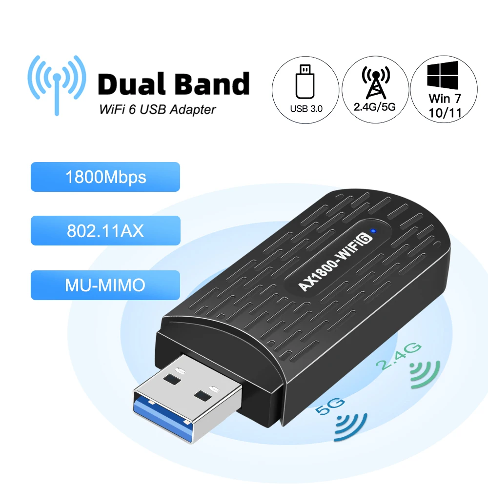 1800Mbps WiFi 6 USB 3.0 Adapter 802.11AX Dual Band 2.4G/5GHz Wireless Wi-Fi Dongle Gigabit Network Card Support Win 10/11 PC 
1800Mbps WiFi 6 USB 3.0 Adapter 802.11AX Dual Band 2.4G/5GHz Wireless Wi-Fi Dongle Gigabit Network Card Support Win 10/11 PC