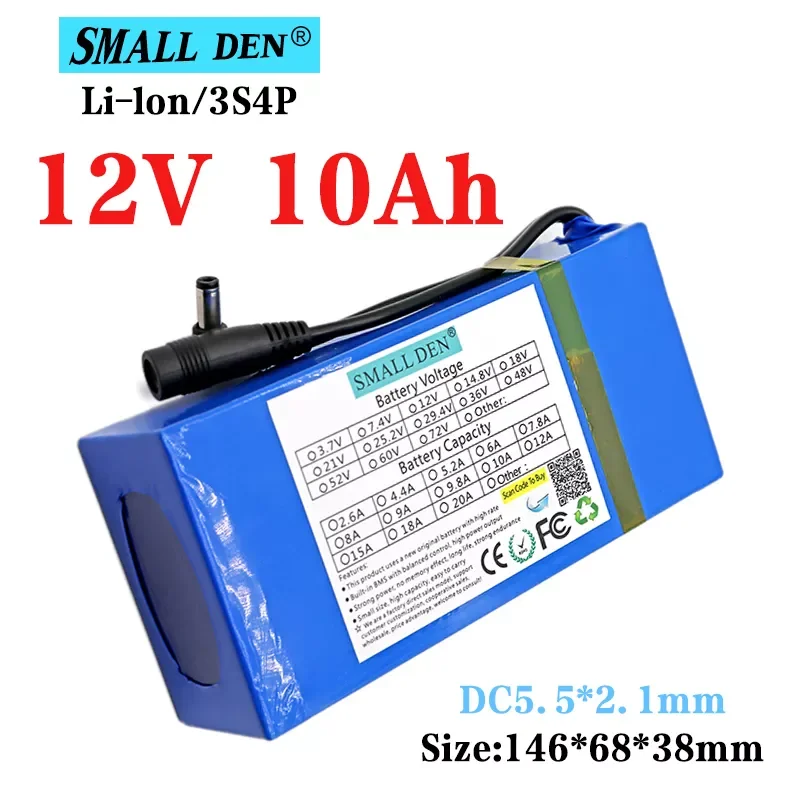 12V 10Ah 18650 Lithium battery pack 3S4P DC12.6V Portable rechargeable battery Street Light LED Light Standby Power with 10A BMS 
12V 10Ah 18650 Lithium battery pack 3S4P DC12.6V Portable rechargeable battery Street Light LED Light Standby Power with 10A BMS