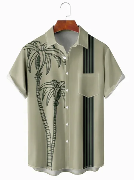 

Y2k Resort Hawaiian Collection Geometric Striped Botanical Coconut Tree Print Lapel Short Sleeve Chest Pocket Shirt Top