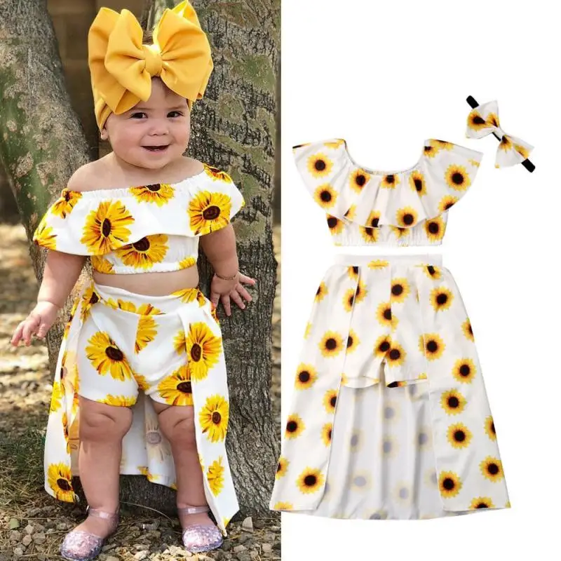 Lovely Children Baby Girls Sunflower Clothes Sets Off shoulder Crop Tops Skirted Shorts Headband 3PCS Outfits 0-5Y
Lovely Children Baby Girls Sunflower Clothes Sets Off shoulder Crop Tops Skirted Shorts Headband 3PCS Outfits 0-5Y