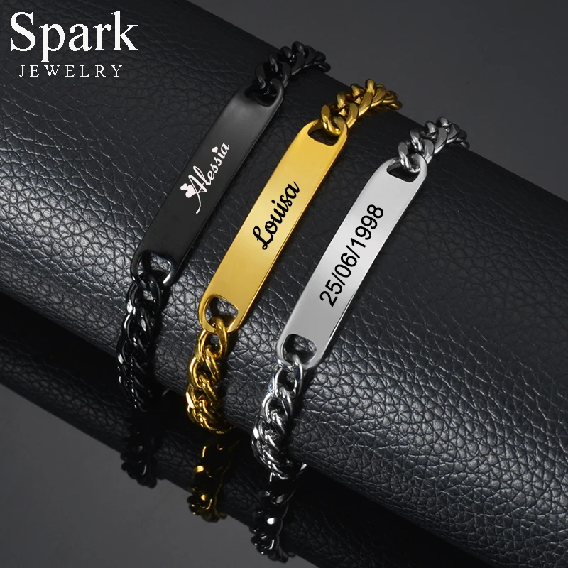 

Spark Stainless Steel Personalized Engrave Name Bracelet Custom Nameplate Date DIY Bracelets For Women Men Jewelry Birthday Gift