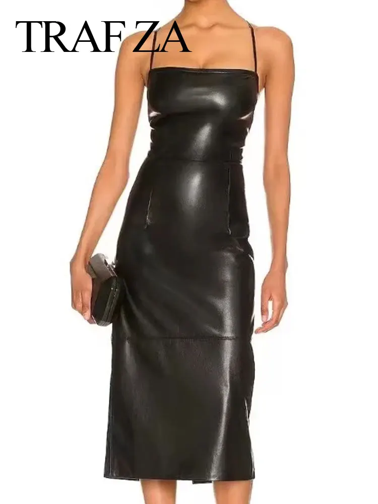 TRAF ZA Trendy Sexy Charming Skinny Low Cut Long Sling Dress Elegant Beautiful Hem Back Slit Pure Black Leather Women's Dress
TRAF ZA Trendy Sexy Charming Skinny Low Cut Long Sling Dress Elegant Beautiful Hem Back Slit Pure Black Leather Women's Dress