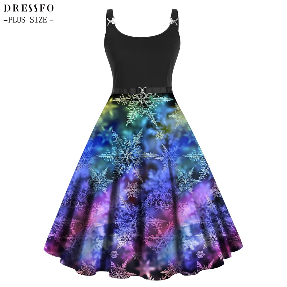 

Derssfo Women Plus Size Dress Galaxy Snowflake Print Twisted High Waisted Dress Fashion Casual A Line Curve Vestidos Para Mujer