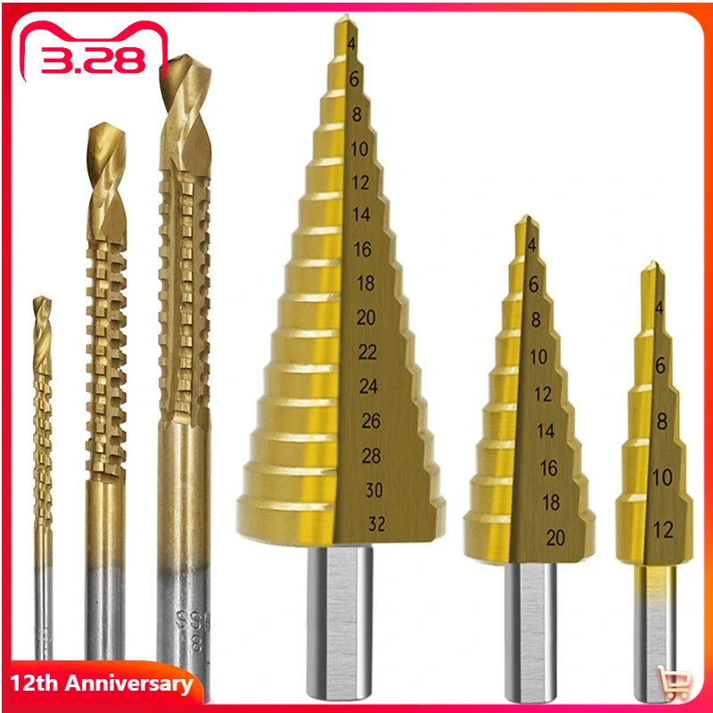 6Pcs HSS Titanium Step Drill Bit Set 4-12/20/32mm Metal Hole Cutter Wood Cone Core Drilling Hole Saw Tool With 3,6,8 Saw Drill
6Pcs HSS Titanium Step Drill Bit Set 4-12/20/32mm Metal Hole Cutter Wood Cone Core Drilling Hole Saw Tool With 3,6,8 Saw Drill