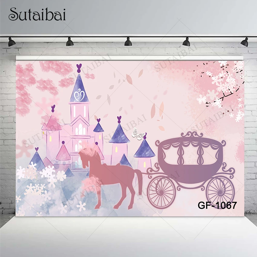 

Princess Birthday Party Pink Background Castle Palace Carriage Sweet Dreamy Scene Newborn Baby Shower Kids Cake Smash Photo Prop