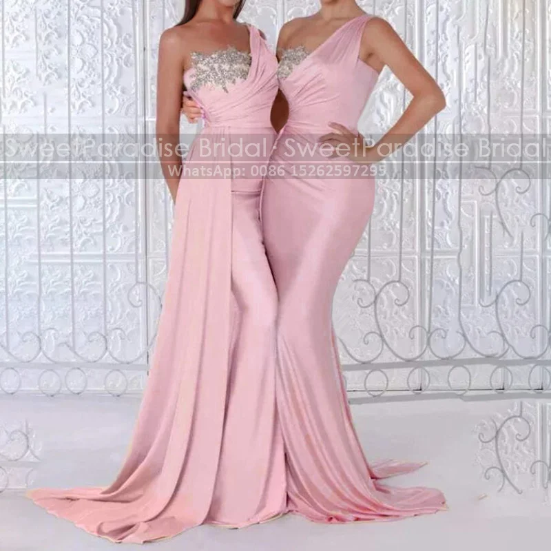 Appliques One Shoulder Mermaid Bridesmaid Dresses With Streamer Long Pink Sleeveless Trumpet Wedding Party Dress Maid Of Honor
Appliques One Shoulder Mermaid Bridesmaid Dresses With Streamer Long Pink Sleeveless Trumpet Wedding Party Dress Maid Of Honor