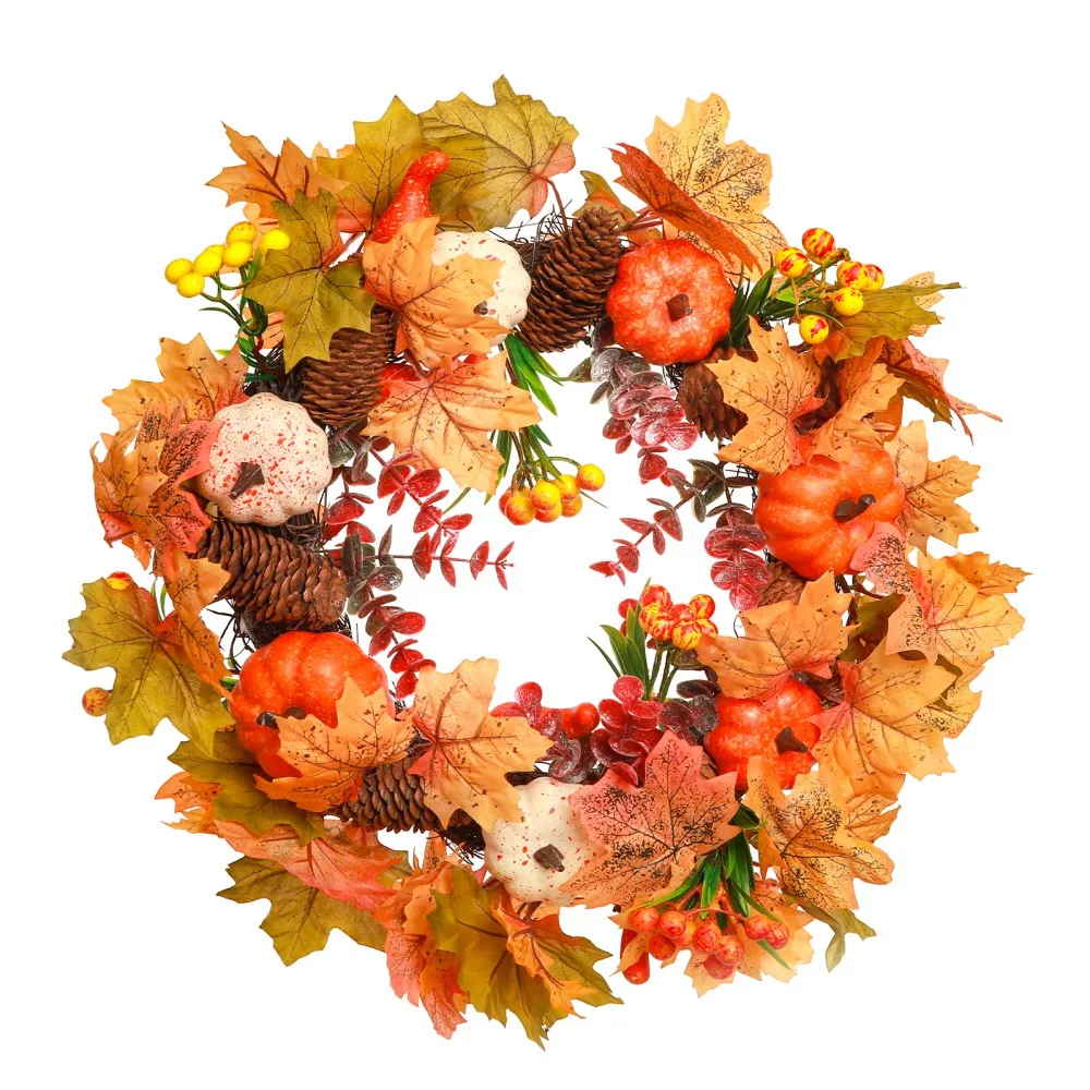 

Thanksgiving Artificial Wreath Garland Rattan Frame With Pumpkin Berries Pine Cone And Maple Leaves Halloween Autumn Decorations