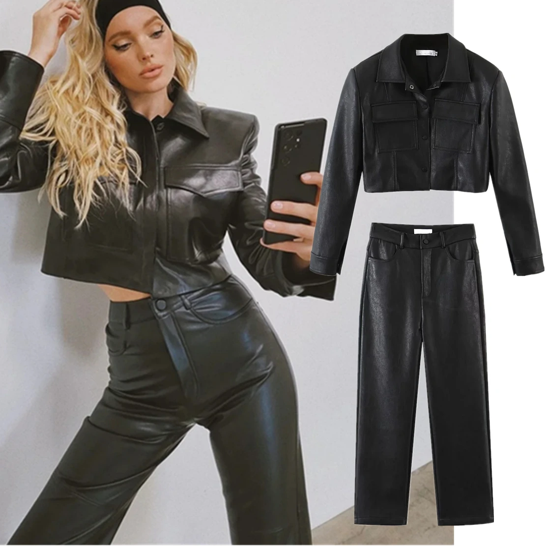 Withered 2023 Ins Fashion Blogger High Street Short Leather Pu Jacket Retro Casual Pu Leather Straight Pants Sets Women
Withered 2023 Ins Fashion Blogger High Street Short Leather Pu Jacket Retro Casual Pu Leather Straight Pants Sets Women