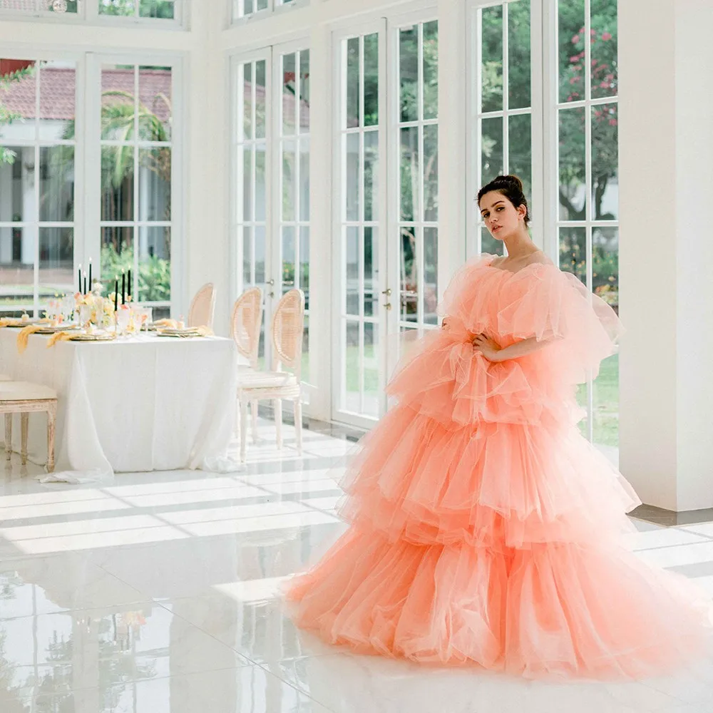 

Pretty Peach Pink Layered Tutu Tulle Women Dresses Honeymoon Long Tulle Gowns Colored Tulle Bridal Engagement Party Dress